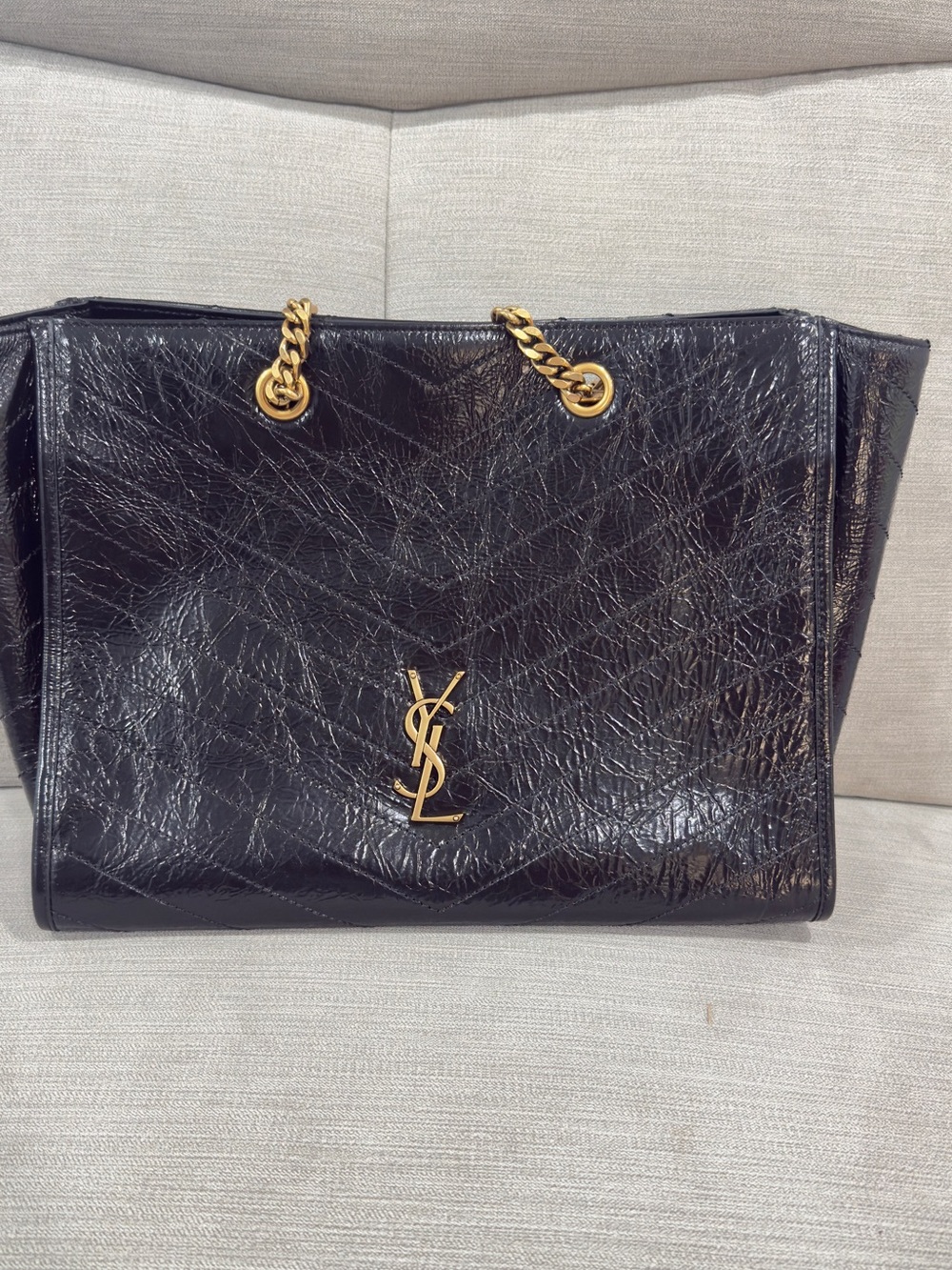 Saint Laurent Black Crinkled Tote with Gold YSL Hardware NIKI SHOPPING BAG